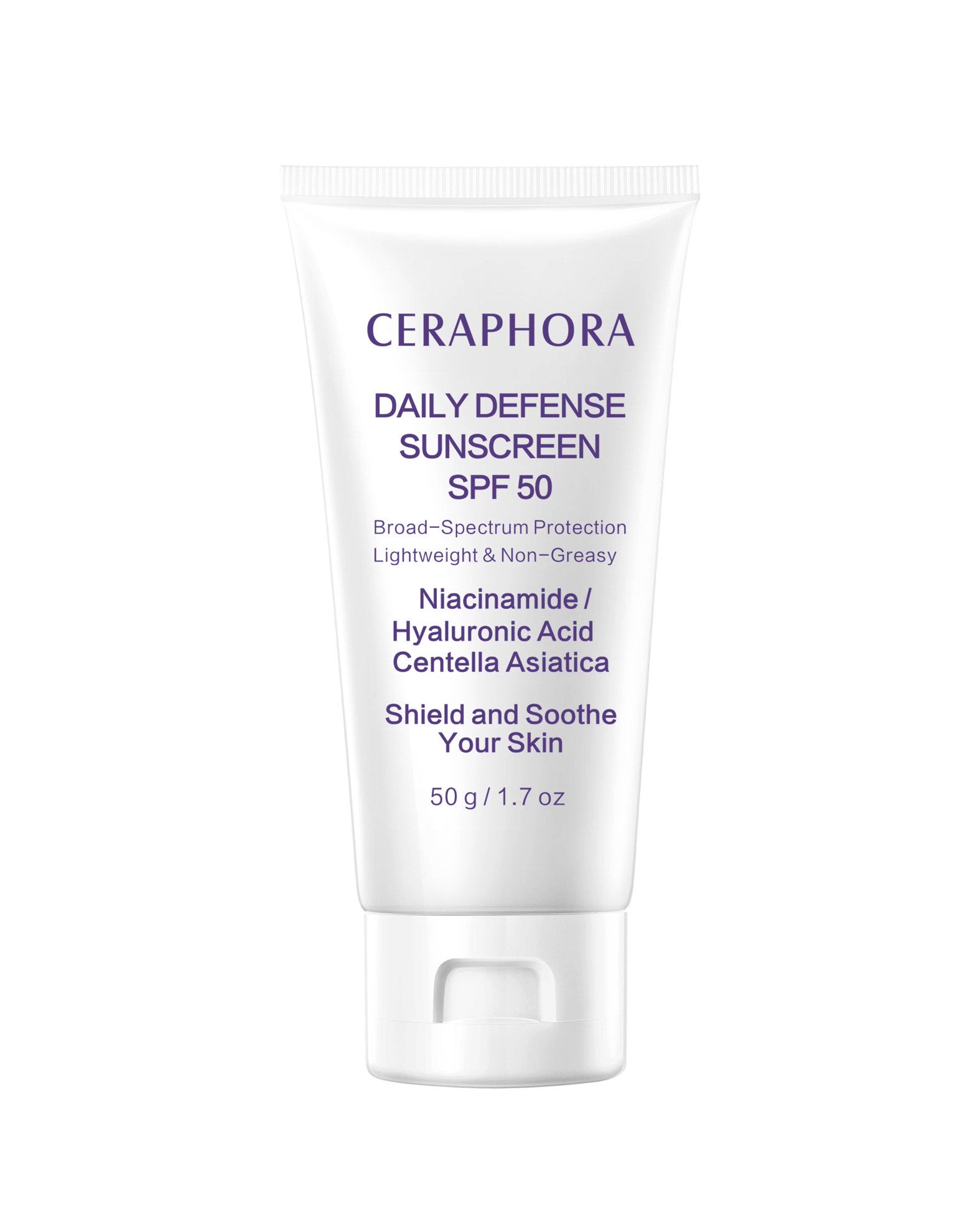 Ceraphora Daily Defense Sunscreen SPF 50 – Lightweight sun protection for all skin types, no white cast, with Niacinamide and Centella Asiatica.