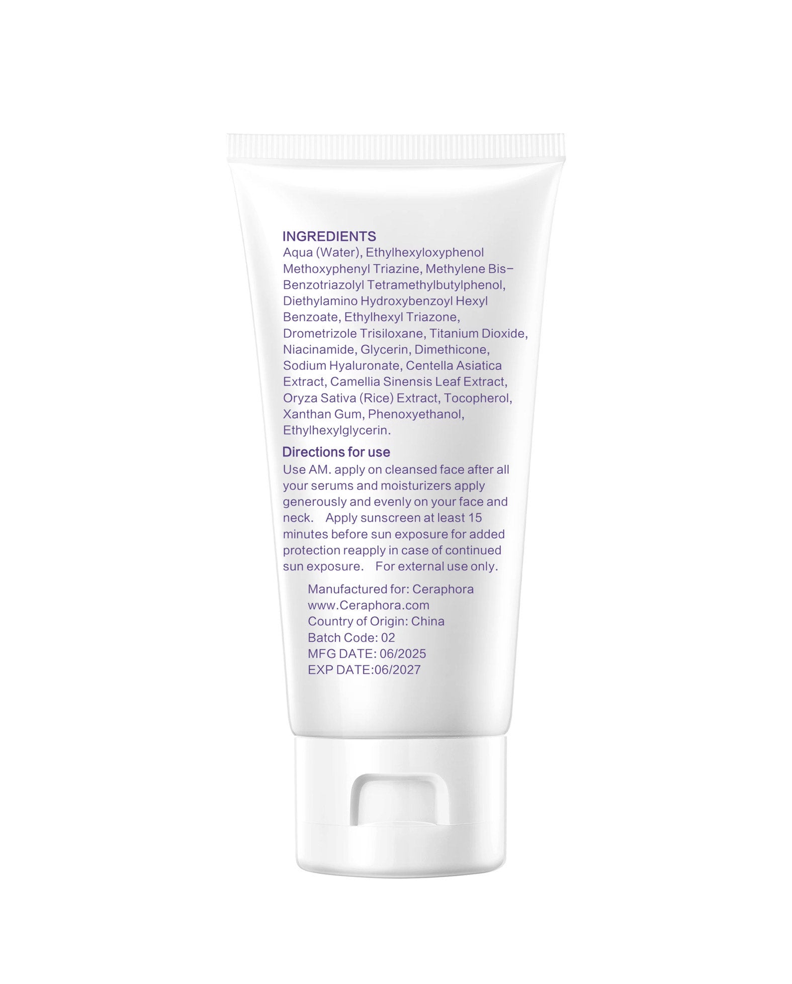 Ceraphora Sunscreen SPF 50 – Ingredients and usage instructions on product packaging.